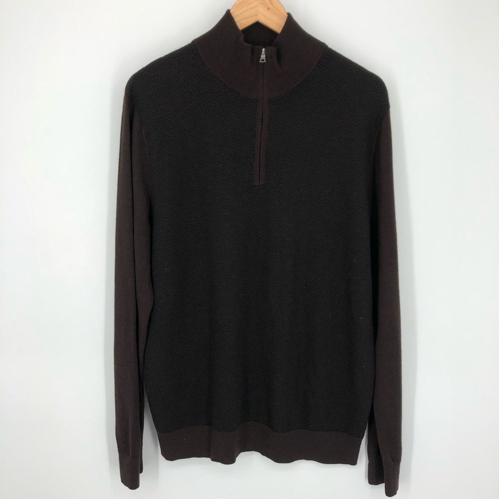 Banana‎ Republic Quarter Zip Sweater Mens Large Brown 100% Merino Wool Mockneck